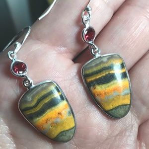 Sterling Silver JASPER Bumble Bee GARNET Earrings! 925 NEW So Beautiful